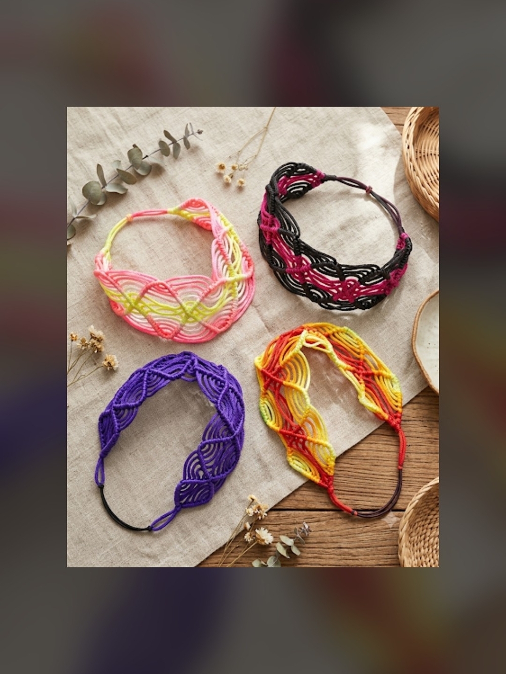 Handwoven Multicolor Macramé Headband - Pink, Black, Purple, Yellow NWT